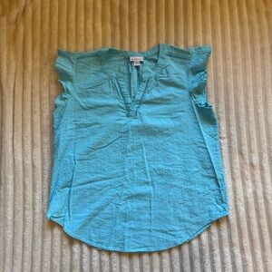 Liz Claiborne Aqua Blue Textured Cotton Blouse Size L Flutter Sleeve Top #Spring